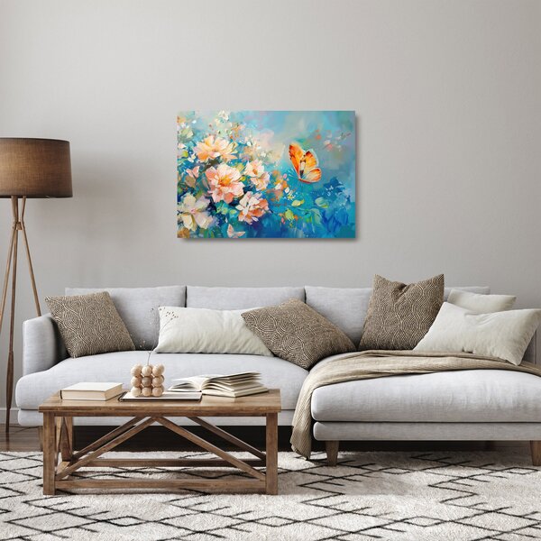 Obraz na szkle - Motyl i kwiaty, obraz olejny II. (70x50 cm)