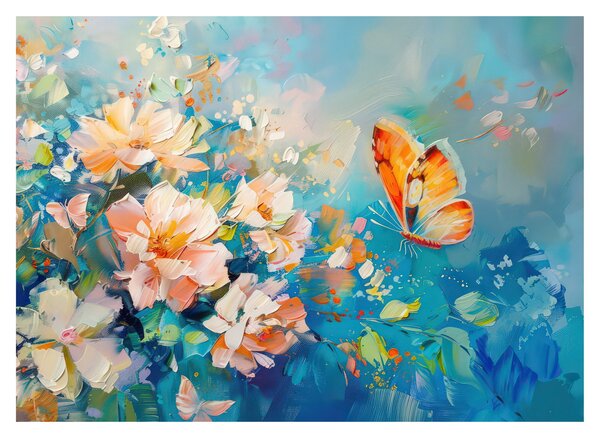 Obraz na szkle - Motyl i kwiaty, obraz olejny II. (70x50 cm)