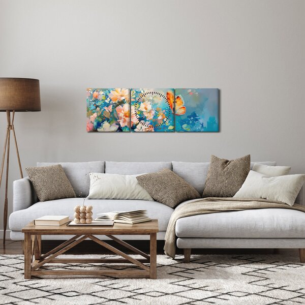 Obraz - Motyl i kwiaty, obraz olejny II. (z zegarem) (90x30 cm)