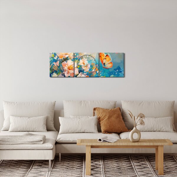 Obraz - Motyl i kwiaty, obraz olejny II. (z zegarem) (90x30 cm)