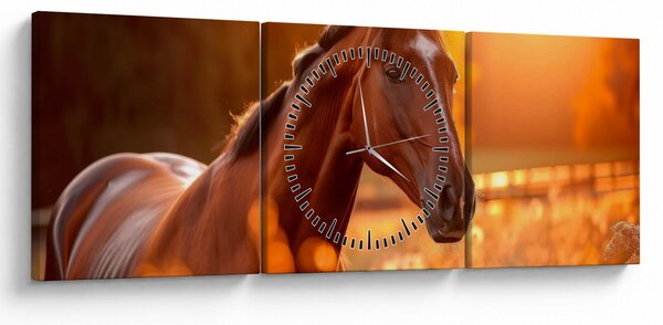 Obraz - Koń o zachodzie słońca (z zegarem) (90x30 cm)