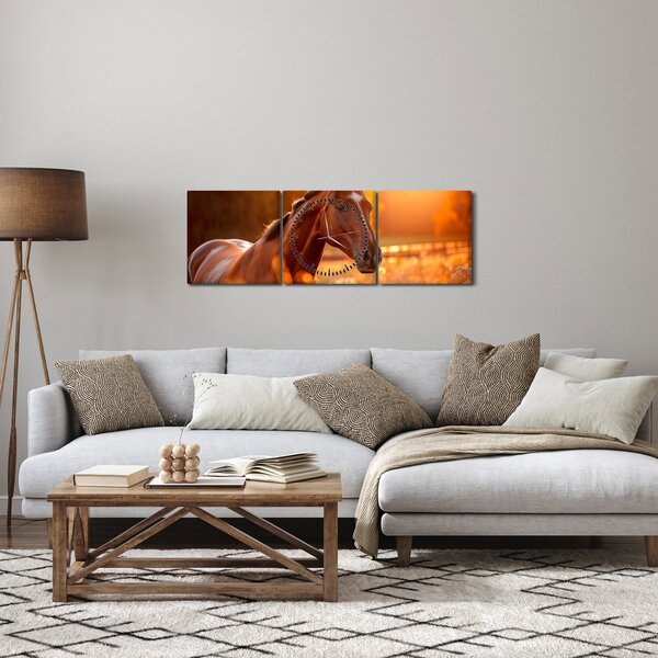 Obraz - Koń o zachodzie słońca (z zegarem) (90x30 cm)