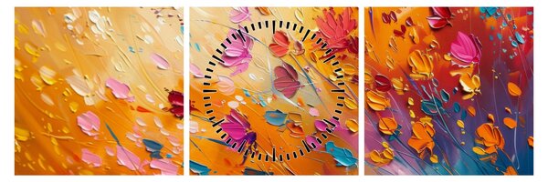 Obraz - Malowanie kolorowych kwiatów (z zegarem) (90x30 cm)