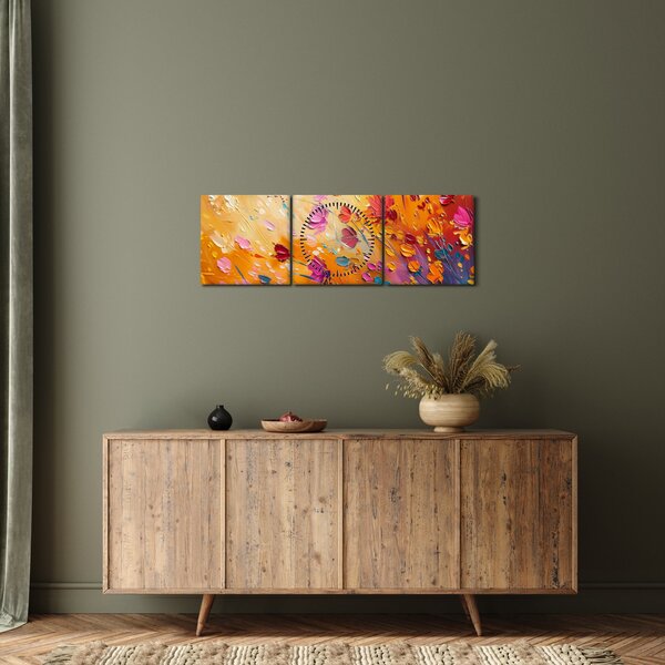 Obraz - Malowanie kolorowych kwiatów (z zegarem) (90x30 cm)