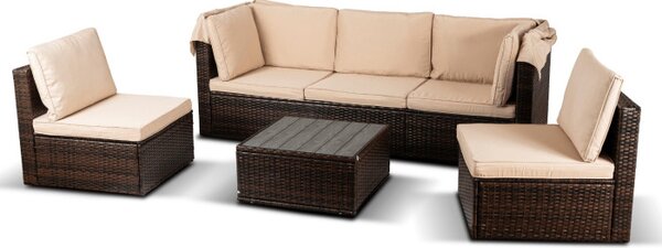 Zestaw Mebli Ogrodowych CALIENTE Modułowy Sofa 2x Fotel Stolik Tarasowy Brązowy/Beżowy Technorattan Nowoczesny