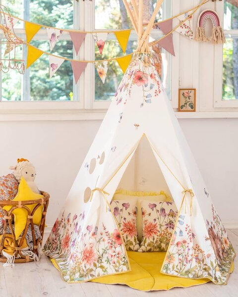 Zestaw XL Namiot tipi, mata, 2 poduszki chmurki, poszewka "Polne kwiaty"