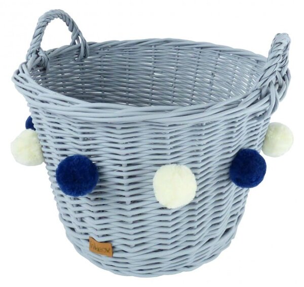 Kosz wiklinowy na zabawki szary z pomponami