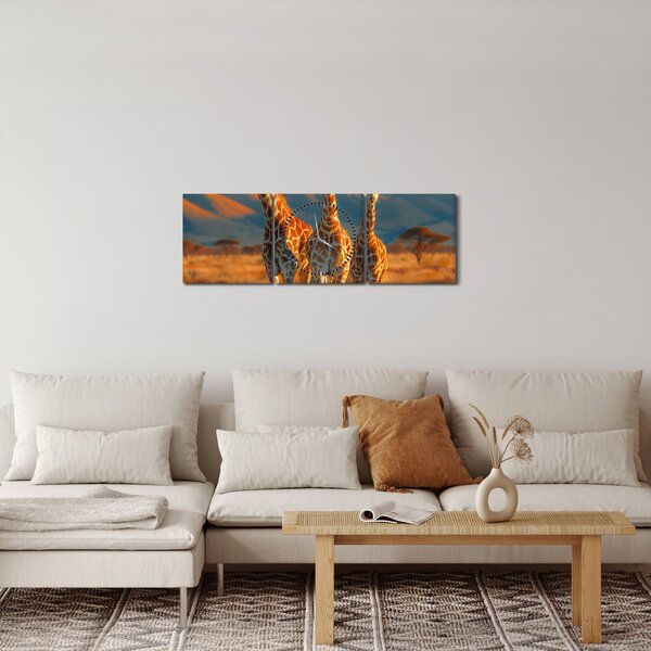 Obraz - Żyrafy na pastwisku (z zegarem) (90x30 cm)