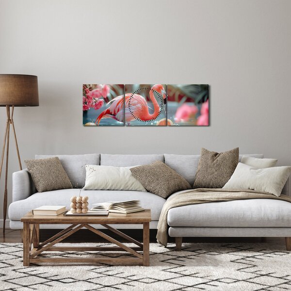 Obraz - Flaming w stawie (z zegarem) (90x30 cm)