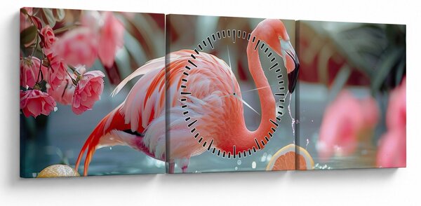 Obraz - Flaming w stawie (z zegarem) (90x30 cm)