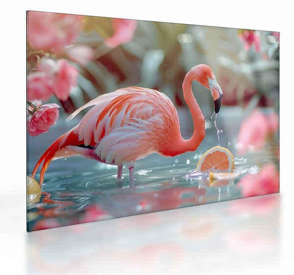 Obraz na szkle - Flaming w stawie (70x50 cm)