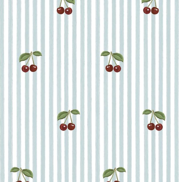 Tapeta do pokoju dla dziecka Little Cherries on Blue Stripes