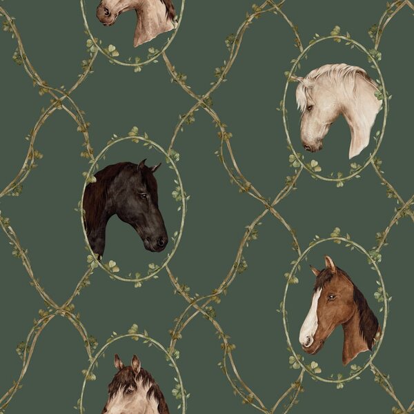 Tapeta do pokoju dla dziecka w konie: Watercolour horses green