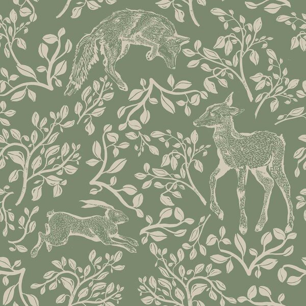 Tapeta do pokoju dla dziecka Forest animals and fairytale green