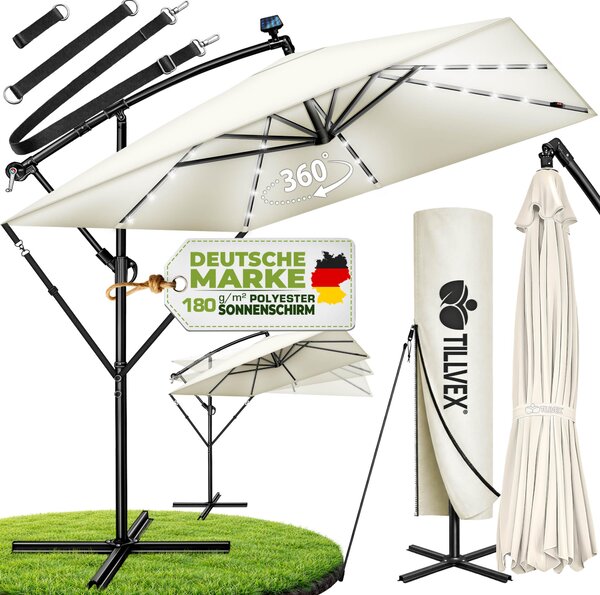 Tillvex® Aluminiowy parasol prostoktny Ø 330 cm z diodami LED Solar Beige + pokrowiec z korbk | parasol wspornikowy ze stojakiem i wiatrochronem | parasol ogrodowy z ochron UV, wodoodporny, obracany o 360° | parasol rynkowy z korbk
