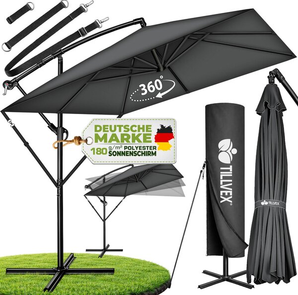 Tillvex® Prostoktny parasol aluminiowy Ø 330 cm antracyt + pokrowiec z korbk | Kwadratowy parasol wspornikowy ze stojakiem i wiatrochronem | Aluminiowy parasol ogrodowy z ochron UV | Parasol z korbk Wodoodporny parasol obracany o 360