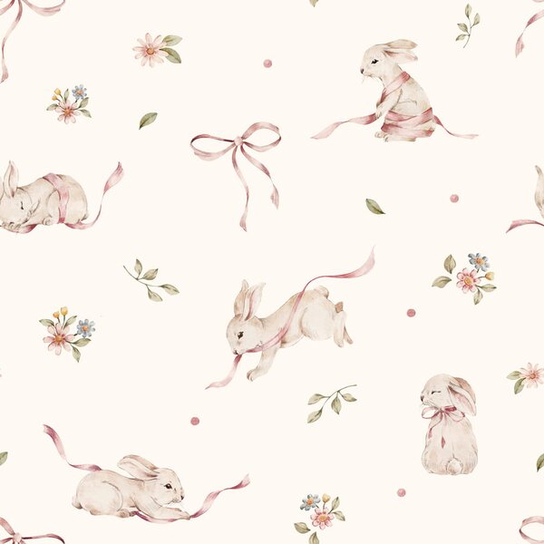 Tapeta do pokoju dla dziecka Pink rabbits on white