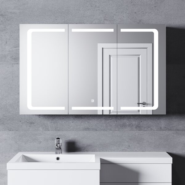 SONNI 3-drzwiowa szafka z lustrem azienkowym ze stali nierdzewnej 105x65cm z przecznikiem dotykowym LED 3-kolorowe owietlenie bezprzewodowe zawiasy z gniazdem golarki
