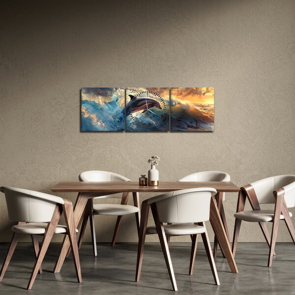 Obraz - Delfin, ilustracje (z zegarem) (90x30 cm)