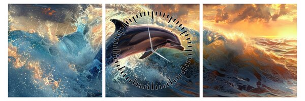 Obraz - Delfin, ilustracje (z zegarem) (90x30 cm)