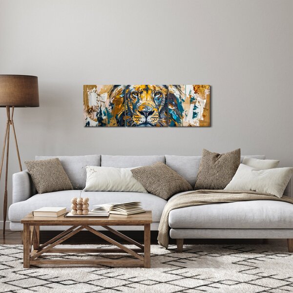 Obraz - Abstrakcyjny obraz olejny z lwem (z zegarem) (90x30 cm)