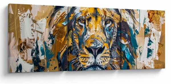Obraz - Abstrakcyjny obraz olejny z lwem (z zegarem) (90x30 cm)