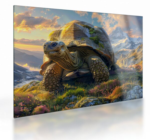 Obraz na szkle - Żółw i górski krajobraz (70x50 cm)