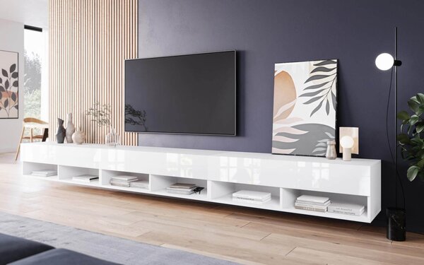 MINIO go for it, szafka pod TV, szafka dolna pod TV "ANNE", 300 cm, biały mat/biały wysoki połysk