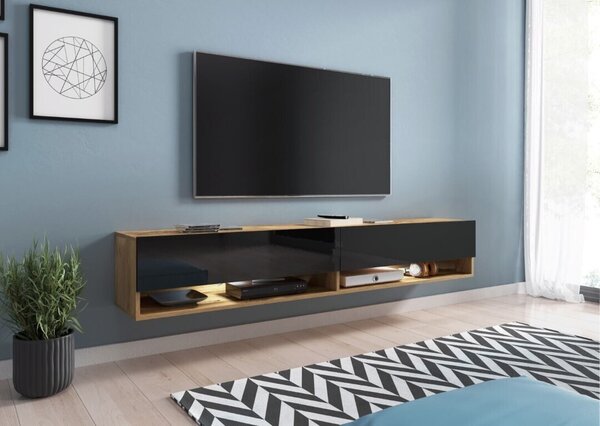 MINIO go for it, szafka pod TV, szafka dolna pod TV, "ANNE", 180cm, stojąca, wisząca, kolor dąb Wotan/czarny połysk