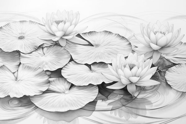 Fototapeta Rysunek przedstawiający liście lilii wodnej i kwiaty lilii wodnej, Fototapety Kwiaty, Popularne Fototapety, w09006 - Tapeko.pl