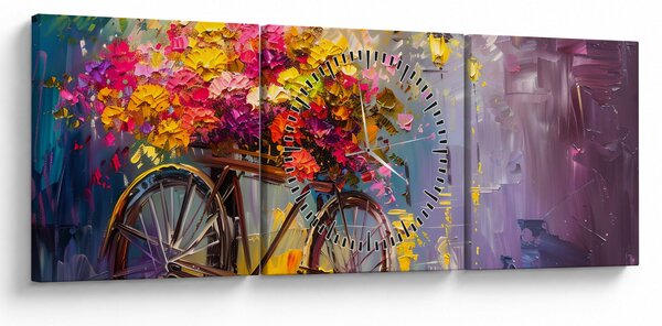 Obraz - Koło z kwiatami (z zegarem) (90x30 cm)