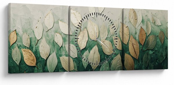 Obraz - Złoto-zielone liście (z zegarem) (90x30 cm)