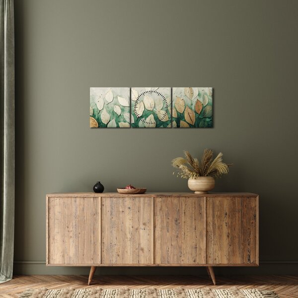 Obraz - Złoto-zielone liście (z zegarem) (90x30 cm)