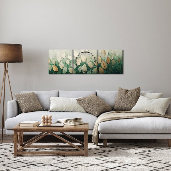 Obraz - Złoto-zielone liście (z zegarem) (90x30 cm)