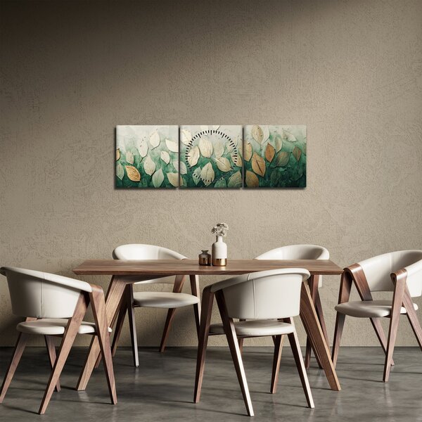 Obraz - Złoto-zielone liście (z zegarem) (90x30 cm)