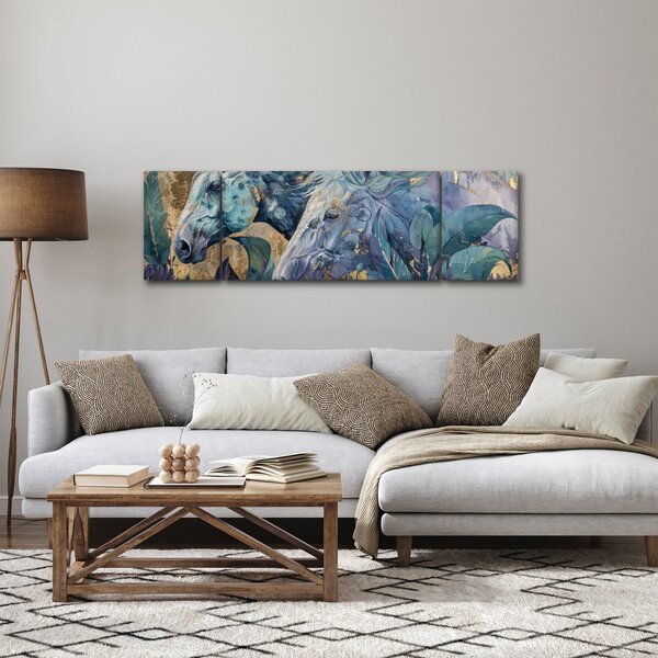 Obraz - Konie na złotym tle (170x50 cm)