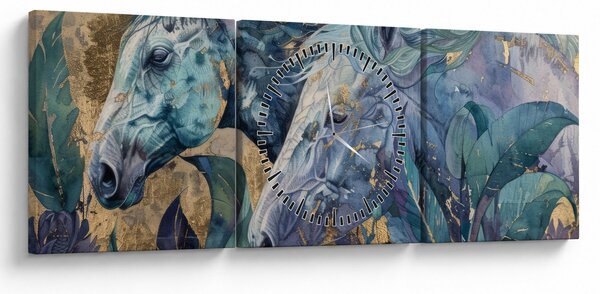 Obraz - Konie na złotym tle (z zegarem) (90x30 cm)