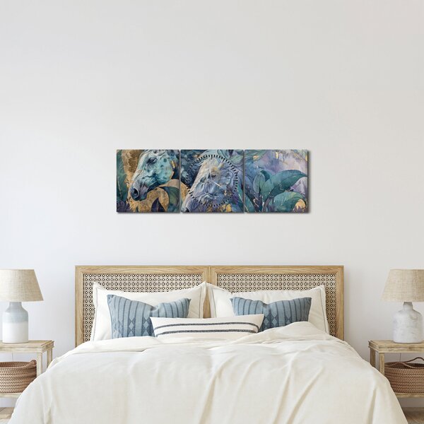 Obraz - Konie na złotym tle (z zegarem) (90x30 cm)