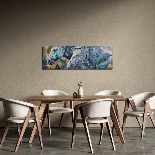 Obraz - Konie na złotym tle (z zegarem) (90x30 cm)