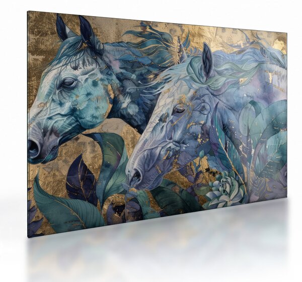Obraz na szkle - Konie na złotym tle (70x50 cm)
