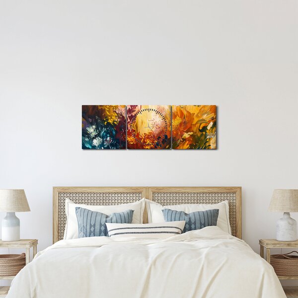 Obraz - Abstrakcyjny obraz kwiatów (z zegarem) (90x30 cm)