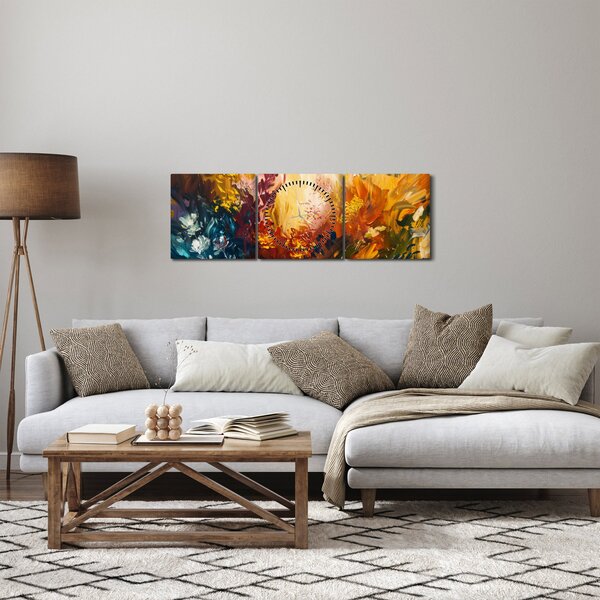 Obraz - Abstrakcyjny obraz kwiatów (z zegarem) (90x30 cm)