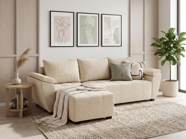 Rozkładana narożna sofa LIVARO 305x140 cm, kremowa, uniwersalna