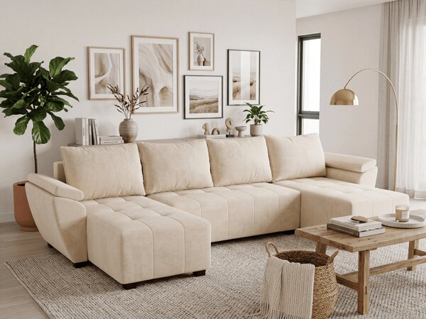 Rozkładana sofa narożna w kształcie U LIVARO 305x140 cm, kremowa