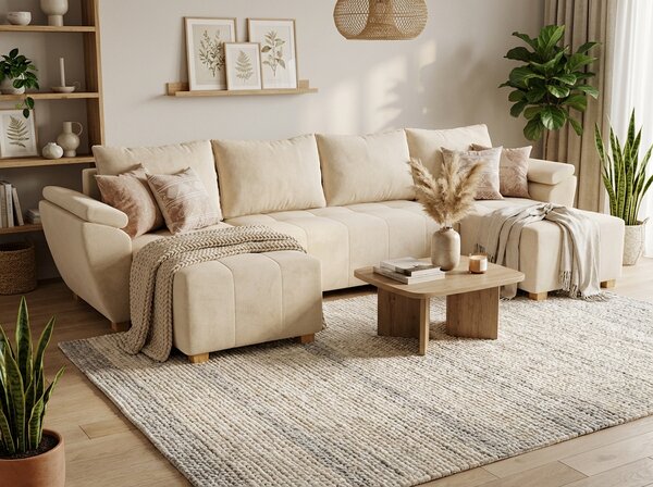 Rozkładana sofa narożna w kształcie U LIVARO 305x140 cm, kremowa