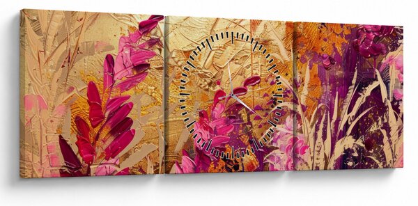 Obraz - Abstrakcyjny obraz kwiatów II. (z zegarem) (90x30 cm)