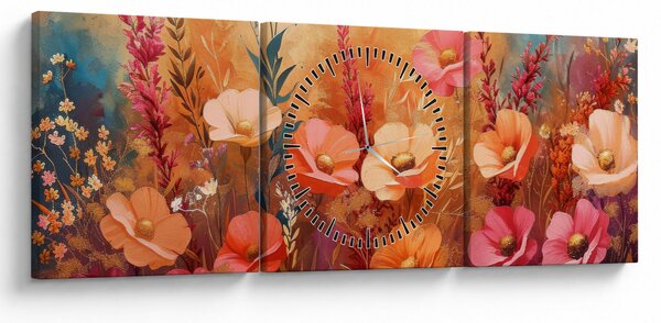 Obraz - Kwiaty łąkowe, malarstwo (z zegarem) (90x30 cm)