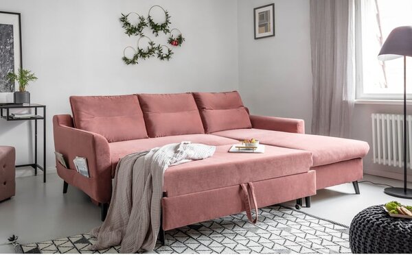 Różowy aksamitny narożnik rozkładany Miuform Stylish Stan, prawostronny
