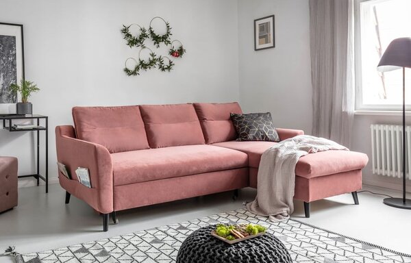 Różowy aksamitny narożnik rozkładany Miuform Stylish Stan, prawostronny