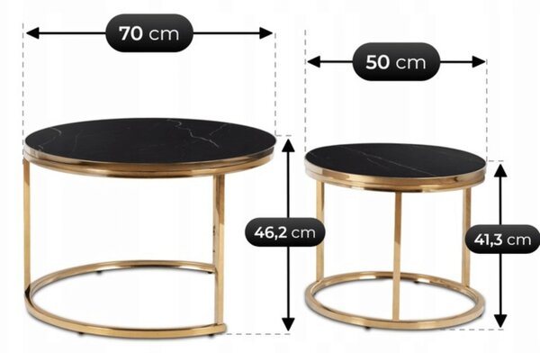 Zestaw Stolików Kawowych ARON 70 cm/50 cm Czarny Marmur/Złoty Glamour